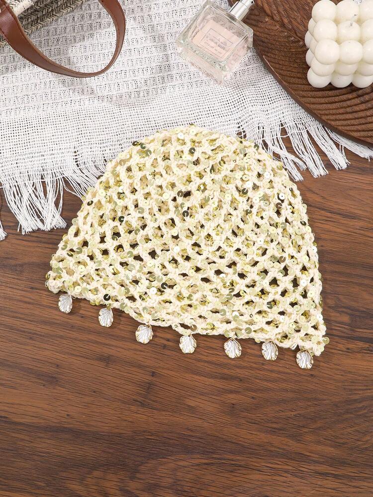 1 pièce Bonnet en crochet fait main, accessoire pour cheveux à couronne haute pour femmes, accessoire de plage polyvalent et à la mode pour l'été