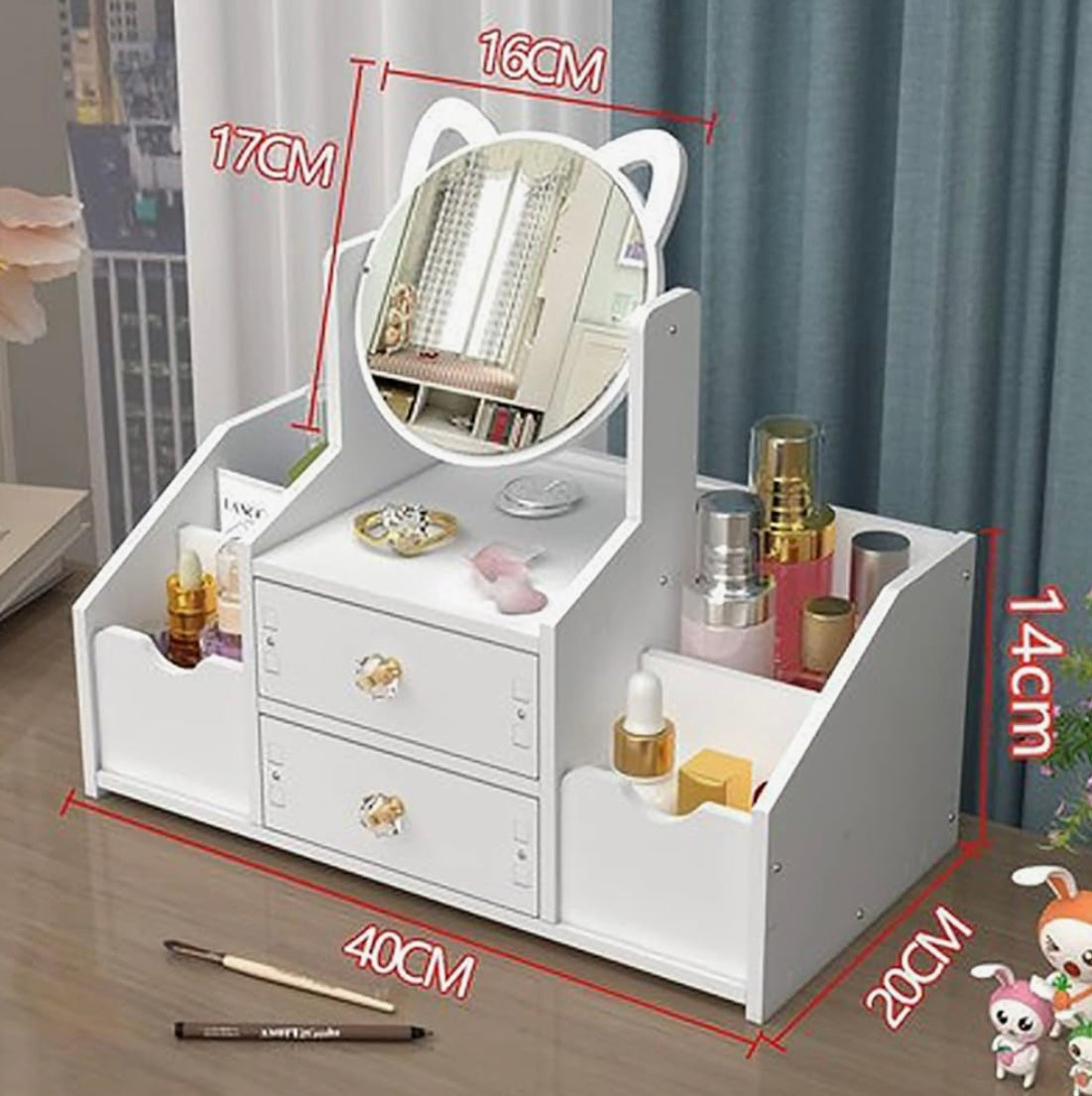 Rangement Maquillage Organisateur Multifonctionnel Organisateur Maquillage Boite Rangement Maquillage avec Miroir pour Chambre/Salle de Bain (miroir rond)
