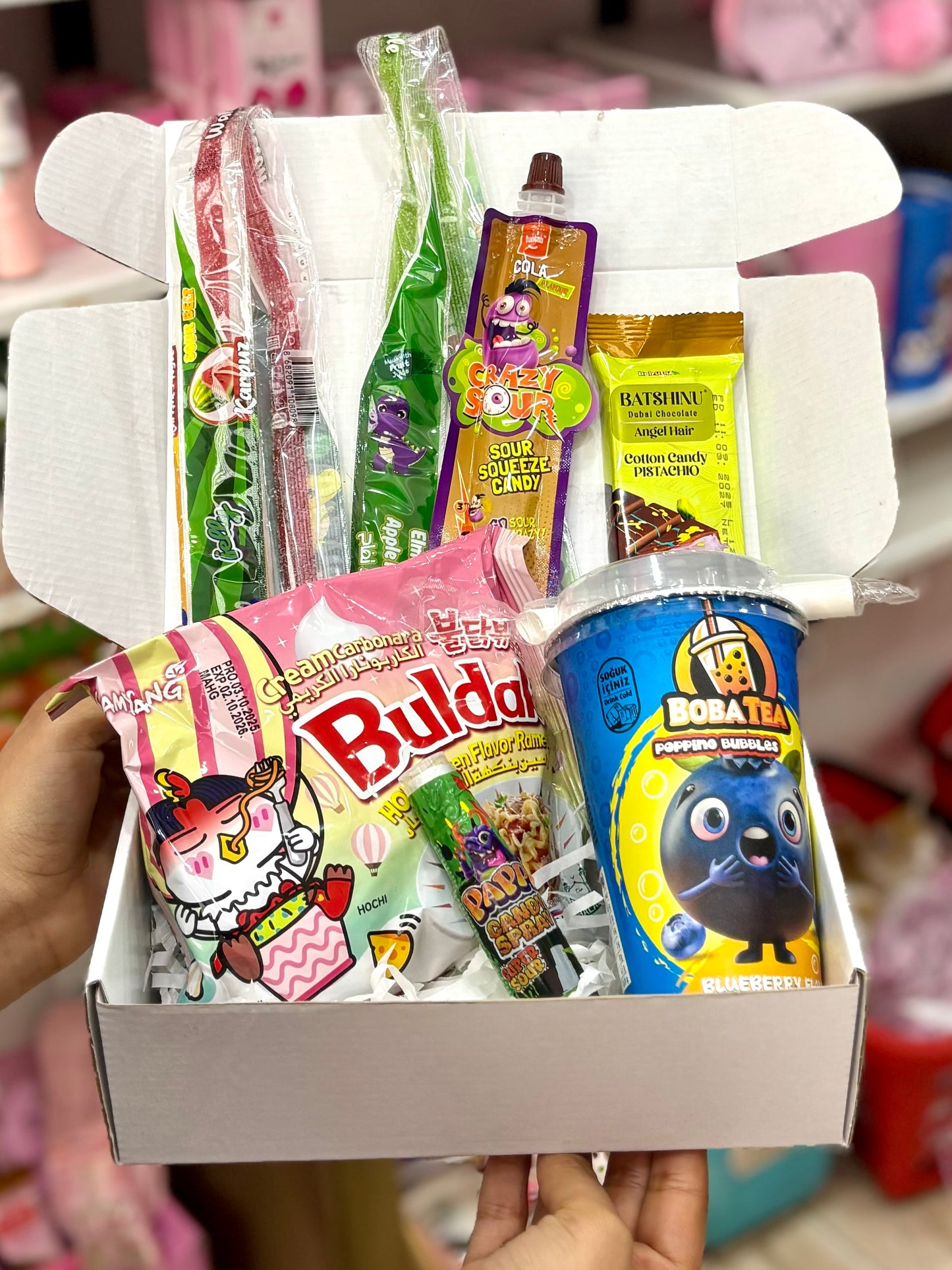 Promotion mini box dégustation buldak samyang carbonara noodels chocolat dubai bubble tea - Girlzbox