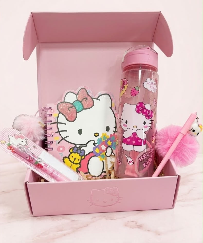Box hello kitty rentrée scolaire bloc notes bouteille stylo crayon - Girlzbox