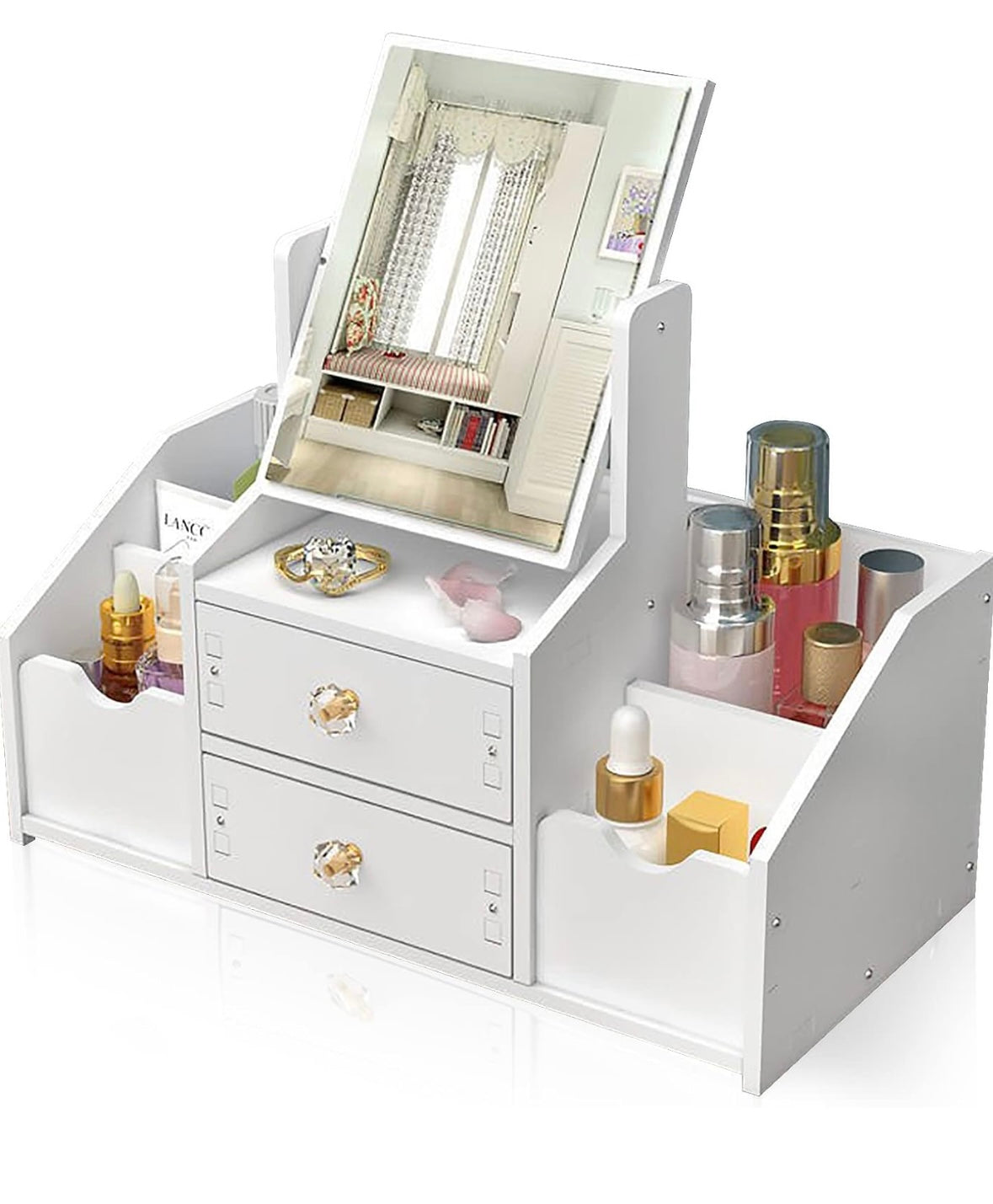 Rangement Maquillage Organisateur Multifonctionnel Organisateur Maquillage Boite Rangement Maquillage avec Miroir pour Chambre/Salle de Bain (miroir carré)