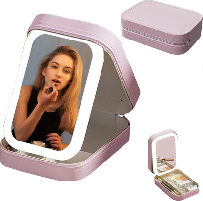Trousse de maquillage de voyage avec miroir LED, mini trousse de maquillage portable avec miroir éclairé, petite boîte de rangement pour cosmétiques, organisateur de bijoux de voyage, cadeau