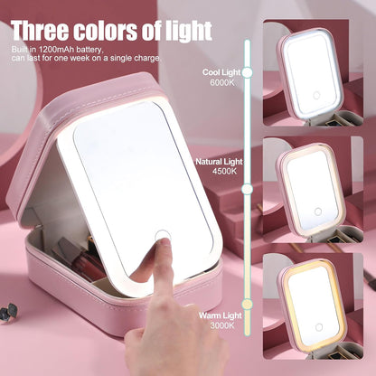 Trousse de maquillage de voyage avec miroir LED, mini trousse de maquillage portable avec miroir éclairé, petite boîte de rangement pour cosmétiques, organisateur de bijoux de voyage, cadeau