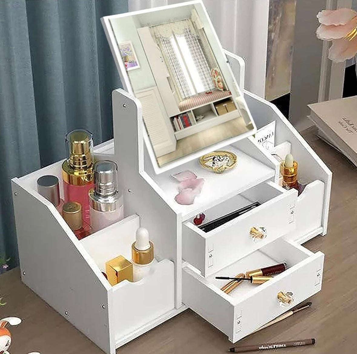 Rangement Maquillage Organisateur Multifonctionnel Organisateur Maquillage Boite Rangement Maquillage avec Miroir pour Chambre/Salle de Bain (miroir carré)