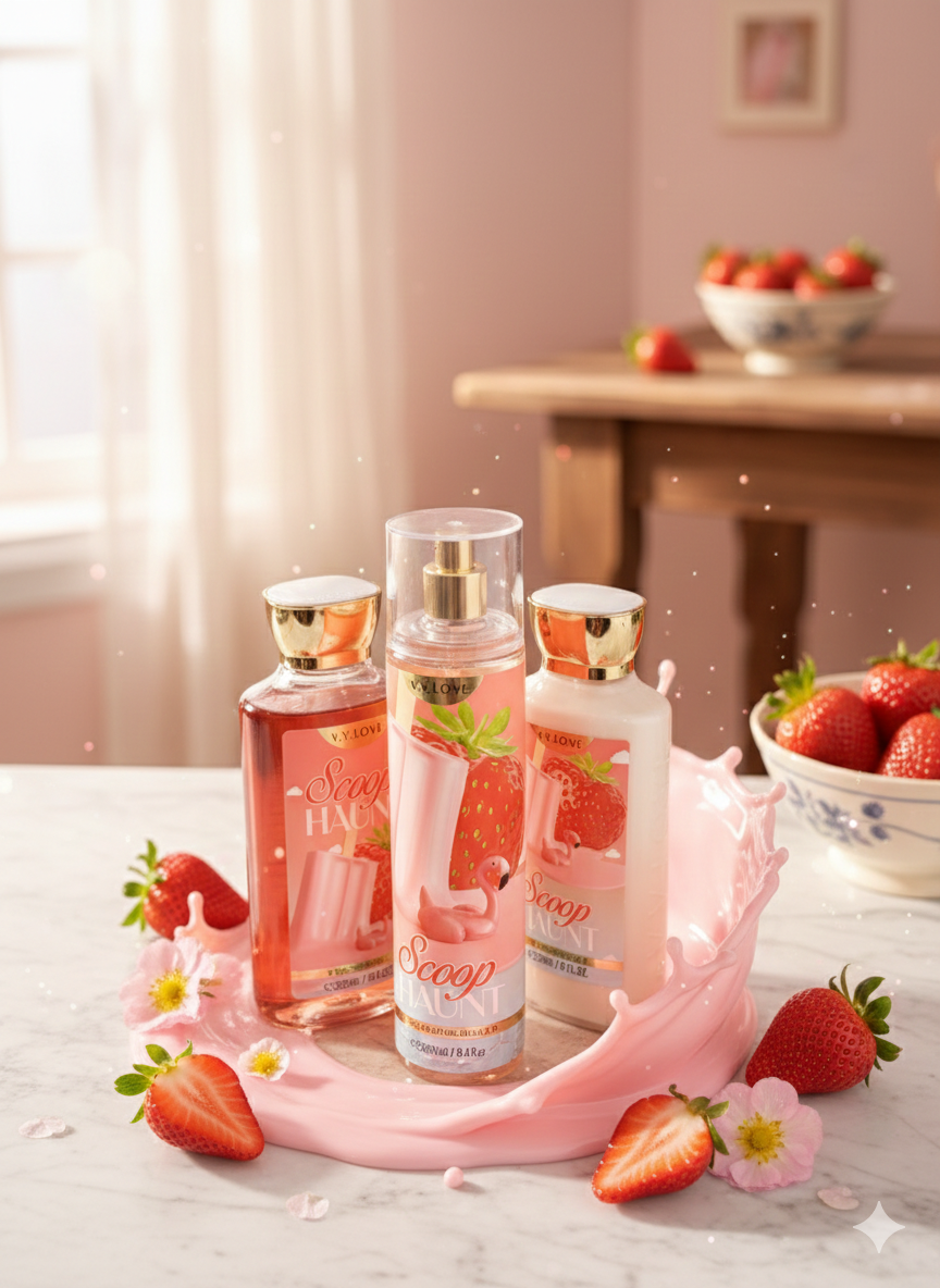 Pack cadeau 3 articles avec sachet cadeau brume parfum pour le corps gel douche crème hydratante parfum sucré - Girlzbox