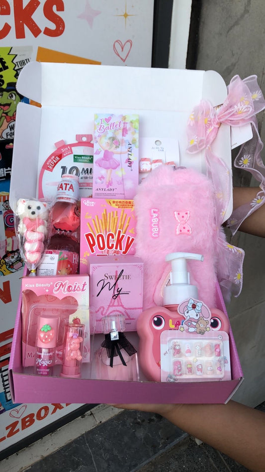 Labubu pink edition korean snacks pocky hata skin care box - Girlzbox