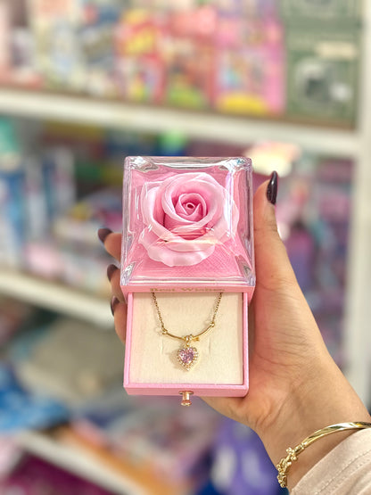 Boite cadeau avec tiroir et fleur et collier en acier inoxydable - Girlzbox