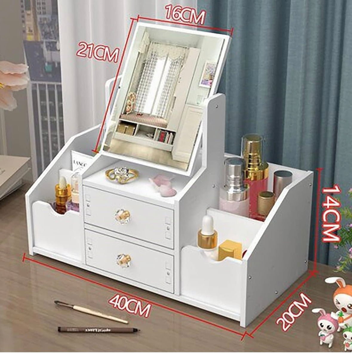 Rangement Maquillage Organisateur Multifonctionnel Organisateur Maquillage Boite Rangement Maquillage avec Miroir pour Chambre/Salle de Bain (miroir carré)