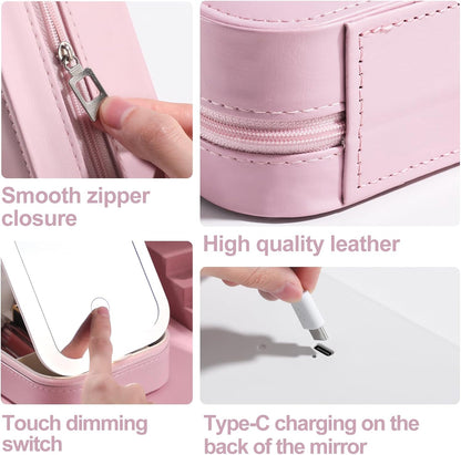 Trousse de maquillage de voyage avec miroir LED, mini trousse de maquillage portable avec miroir éclairé, petite boîte de rangement pour cosmétiques, organisateur de bijoux de voyage, cadeau