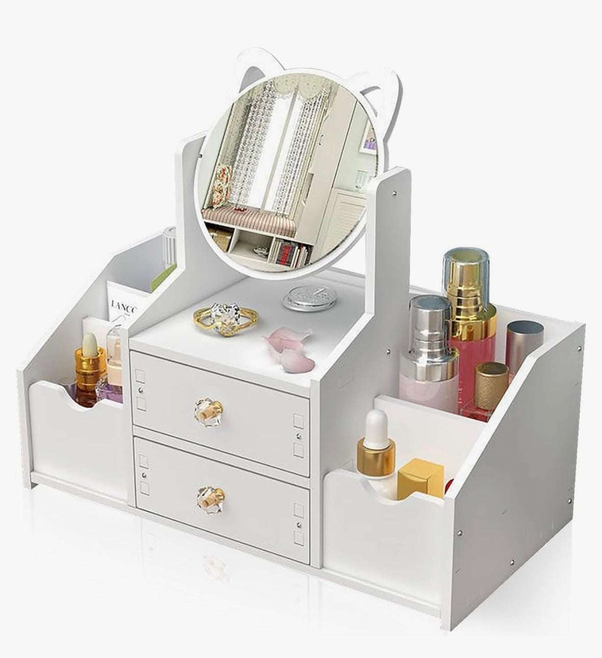 Rangement Maquillage Organisateur Multifonctionnel Organisateur Maquillage Boite Rangement Maquillage avec Miroir pour Chambre/Salle de Bain (miroir rond)