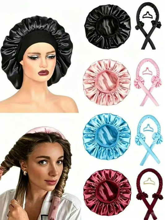 5 pièces Ensemble de bouclage sans chaleur avec bonnet de sommeil en satin, comprend un bandeau de bouclage sans chaleur, une pince à cheveux, un chouchou et un bonnet de sommeil doux