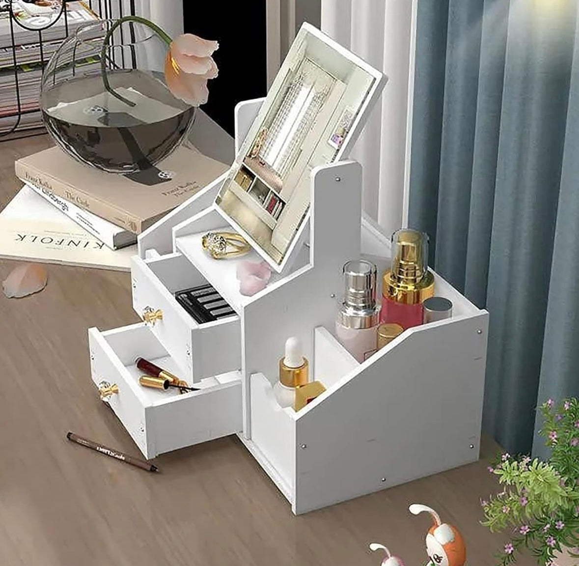 Rangement Maquillage Organisateur Multifonctionnel Organisateur Maquillage Boite Rangement Maquillage avec Miroir pour Chambre/Salle de Bain (miroir carré)