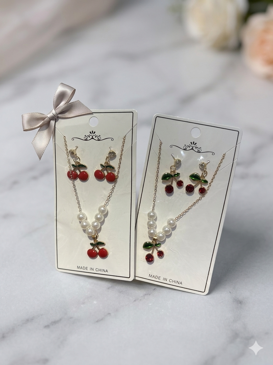 Ensemble cerise collier et boucles d’oreilles - Girlzbox