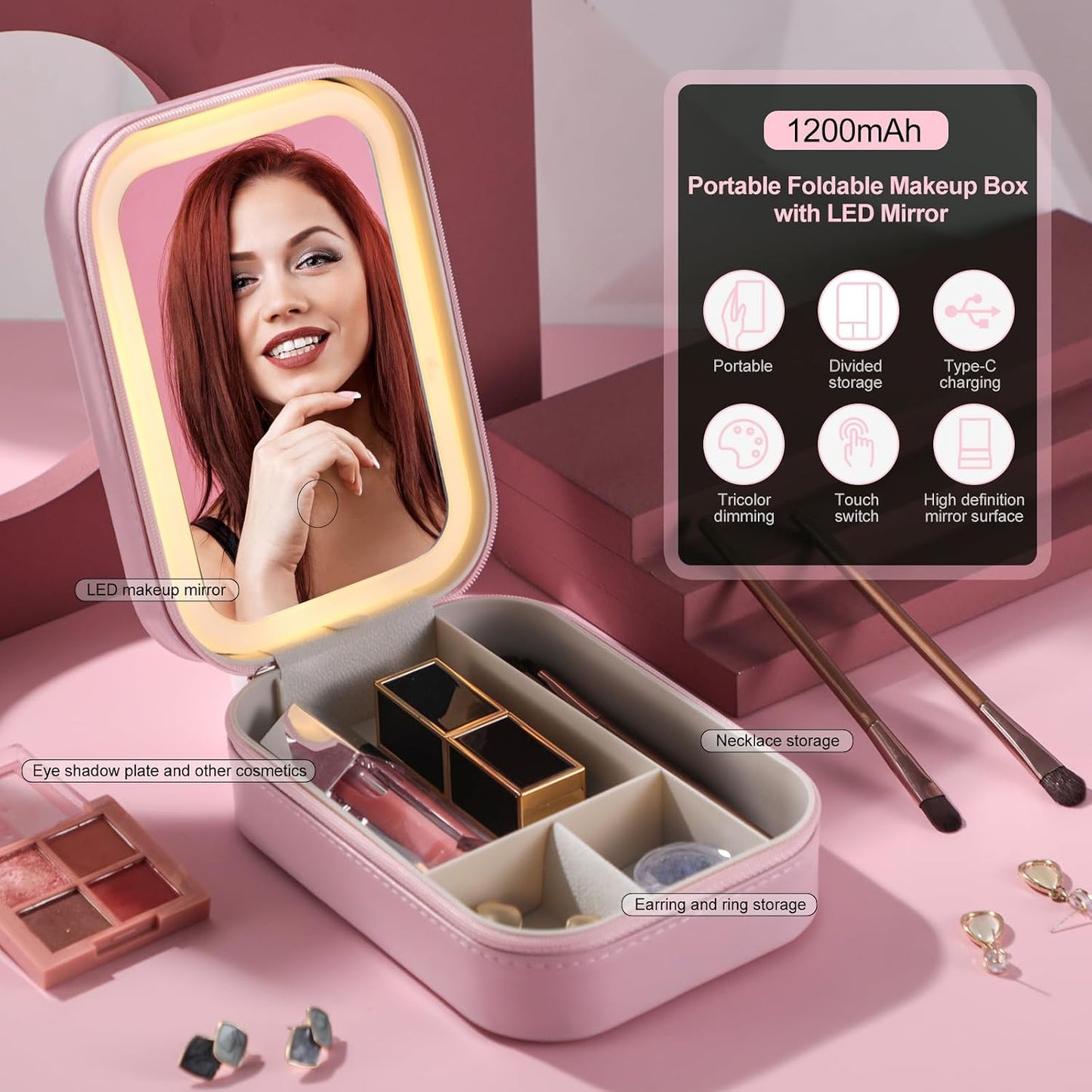 Trousse de maquillage de voyage avec miroir LED, mini trousse de maquillage portable avec miroir éclairé, petite boîte de rangement pour cosmétiques, organisateur de bijoux de voyage, cadeau