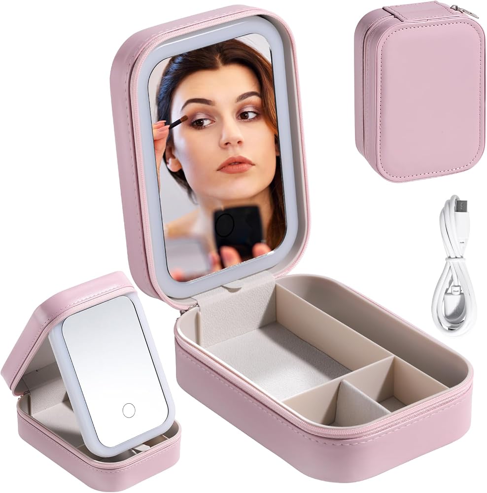 Trousse de maquillage de voyage avec miroir LED, mini trousse de maquillage portable avec miroir éclairé, petite boîte de rangement pour cosmétiques, organisateur de bijoux de voyage, cadeau