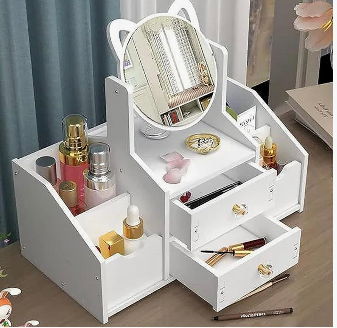 Rangement Maquillage Organisateur Multifonctionnel Organisateur Maquillage Boite Rangement Maquillage avec Miroir pour Chambre/Salle de Bain (miroir rond)