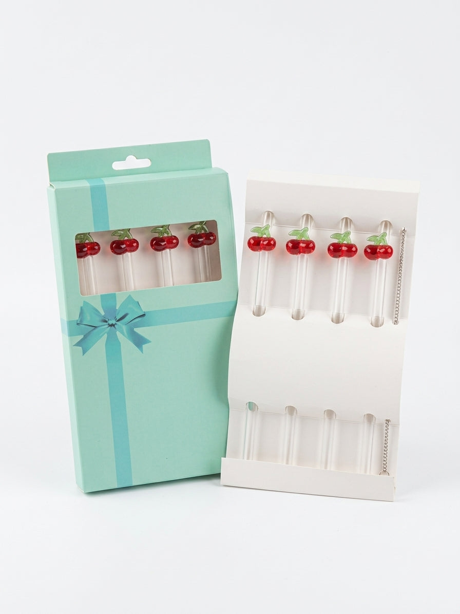 Pailles en verre transparentes x4 avec goupillon CERISE  - GIRLZBOX