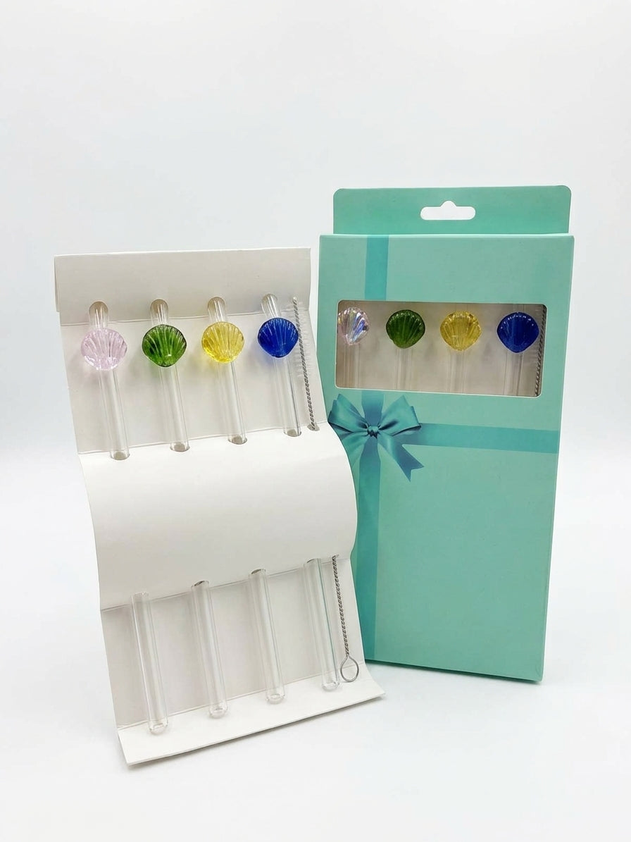 Pailles en verre transparentes x4 avec goupillon COQUILLAGE - GIRLZBOX