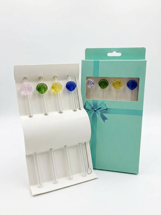 Pailles en verre transparentes x4 avec goupillon COQUILLAGE - GIRLZBOX